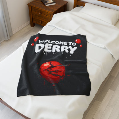 Velveteen Blanket - "Welcome to Derry" Horror Plush Throw with Bloody Red Balloon