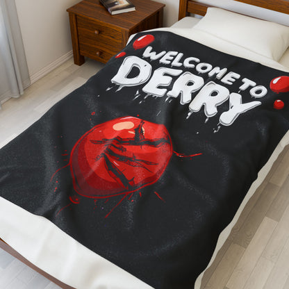 Velveteen Blanket - "Welcome to Derry" Horror Plush Throw with Bloody Red Balloon