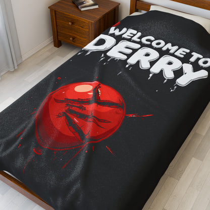 Velveteen Blanket - "Welcome to Derry" Horror Plush Throw with Bloody Red Balloon